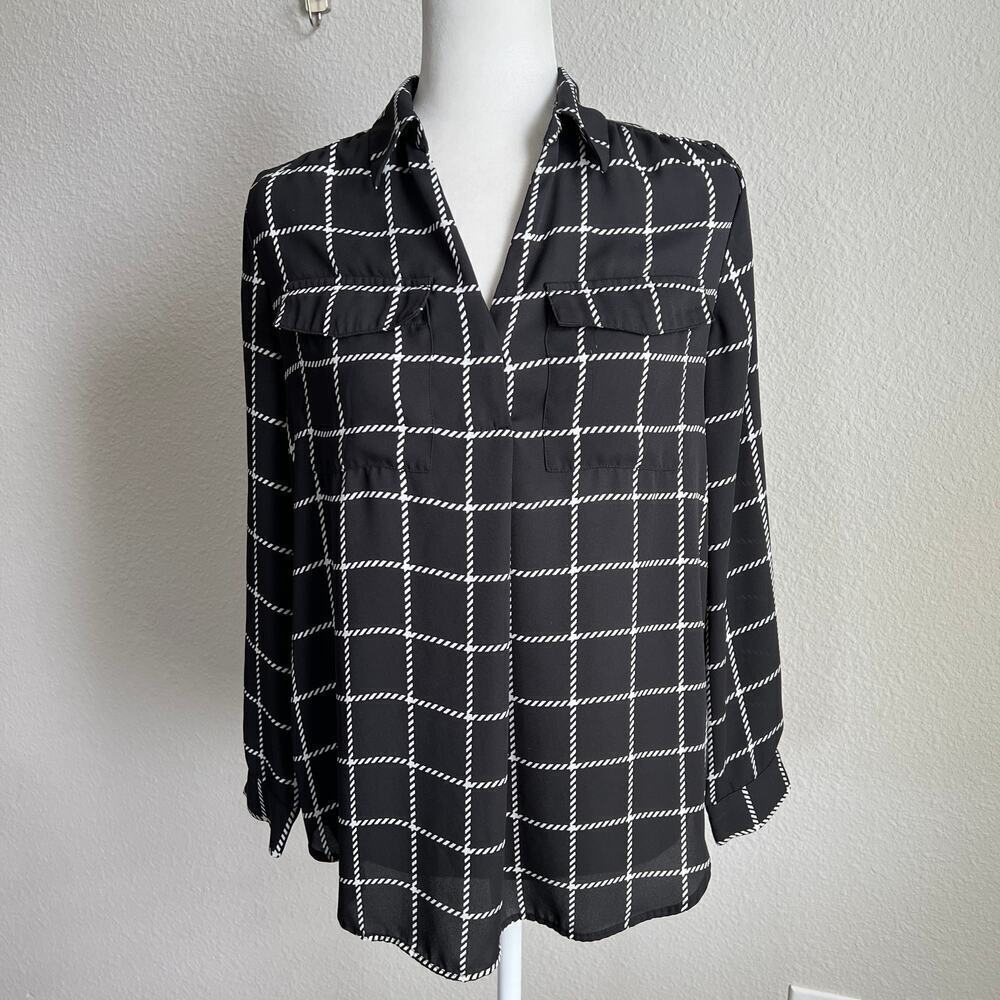 Ann Taylor Factory Black Square Blouse Women's M Petite Collared Relaxed Plaid